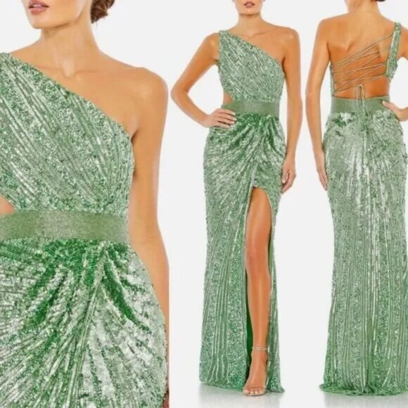 New MAC DUGGAL 5687 Sequined One Shoulder Gown Lace Up Back Sage 10 MSRP $598 - Picture 1 of 6